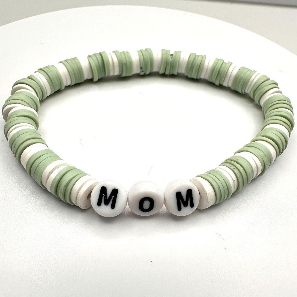 Vintage Y2K Sage Green & White Heishi Bead MOM Bracelet Boho Stretch Jewelry